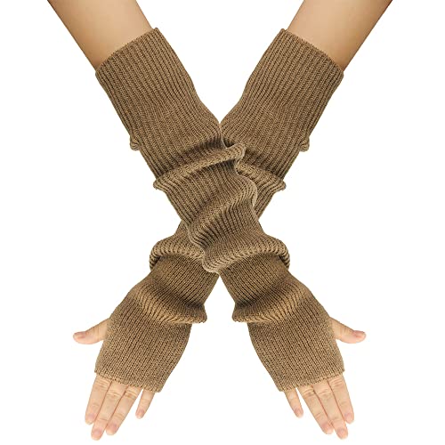 LERTREEUK Damen Mädchen Strickhandschuhe Kaschmir-Mischung Lange Armstulpen Ellenbogenwärmer Fingerlose Fäustlinge mit Daumenloch (Khaki) von LERTREEUK