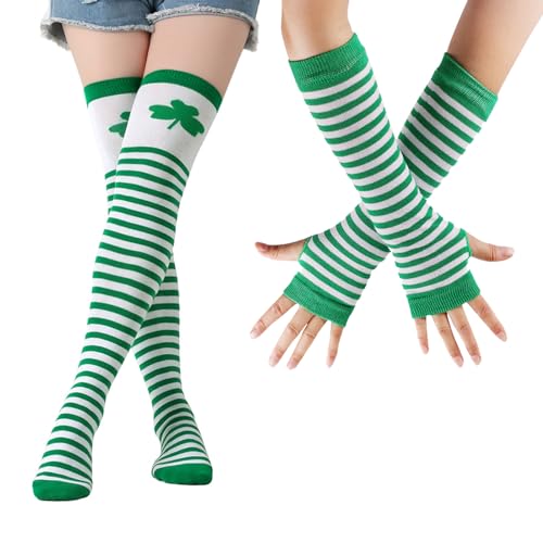 LERTREEUK Frauen Overknee-Strümpfe Irische Partysocken & grün gestreifte Fingerlose Armwärmer Handschuhe für St. Patrick's Day Kostü von LERTREEUK