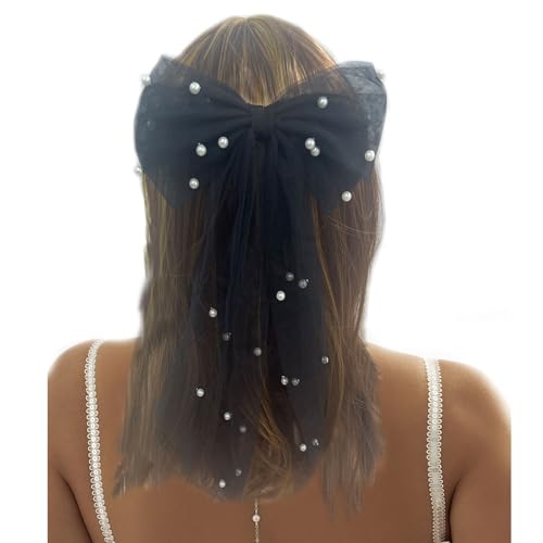 LERTREEUK Perlenschleife Haarspangen Brautschleier Hochzeit Tüll Große Schleife mit Clip Bowknot Spring Snap Hair Barrettes für Frauen (Schwarz) von LERTREEUK