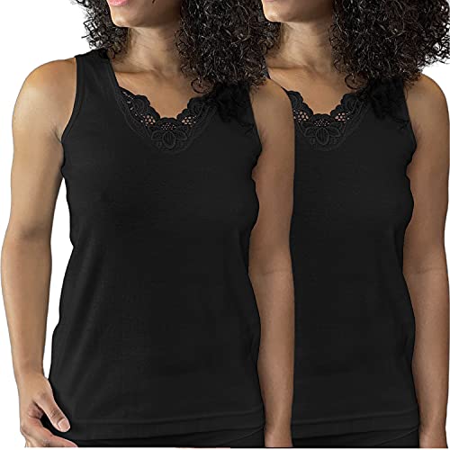 LES ESSENTIELLES Caraco Damen Tank Top - Nahtloses Unterhemd - 100% gekämmte Baumwolle, Kragen mit Spitze - Premium Qualität - 2er Pack von LES ESSENTIELLES