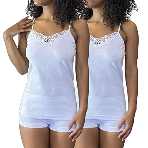 Top mit Trägern für Damen – Premium-Qualität 100 % gekämmte Baumwolle / ohne Nähte – Top mit feinen Flanschen und Kragen, 2 Stück, Farbe: Weiß oder Schwarz Gr. Small, weiß von LES ESSENTIELLES