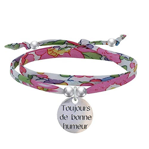 LES POULETTES BIJOUX - Armband Doppelter Link liberty und 925 Silber Medaille Toujours de Bonne Humeur - Fuchsia von LES POULETTES BIJOUX