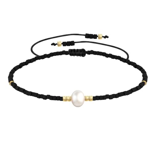 LES POULETTES BIJOUX - Armband Link Weiß Süßwasserperle und Kleine Matte Perlen - Schwarz von LES POULETTES BIJOUX