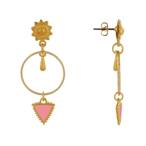 LES POULETTES BIJOUX - Goldenem Messing Ohrringe Kreis Tropfen und Emaillierten Dreieck - Pink von LES POULETTES BIJOUX