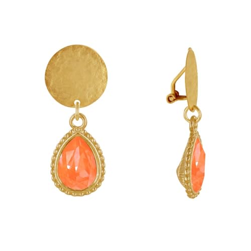 LES POULETTES BIJOUX - Goldener Messing Clip Ohrringe Gebürsteten Patch und Kristall Tropfen - Neon orange von LES POULETTES BIJOUX