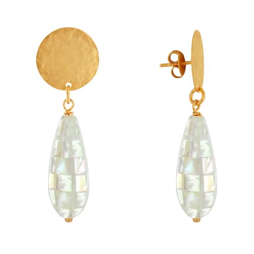 LES POULETTES BIJOUX - Goldener Messing Nägel Ohrringe Gebürsteten Scheibe und Facettierten Perlmutt Tropfen - Weib von LES POULETTES BIJOUX