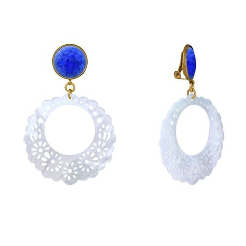 LES POULETTES BIJOUX - Goldmetall Clip Ohrringe Runder Rissiger und Gezackten Durchbrochenen Perlmuttscheibe - Blau Navy von LES POULETTES BIJOUX
