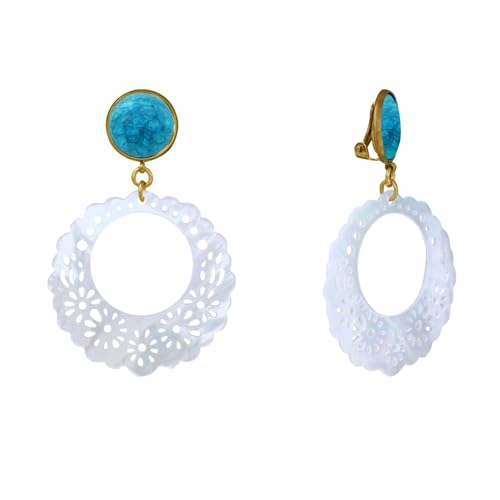 LES POULETTES BIJOUX - Goldmetall Clip Ohrringe Runder Rissiger und Gezackten Durchbrochenen Perlmuttscheibe - Turquoise von LES POULETTES BIJOUX