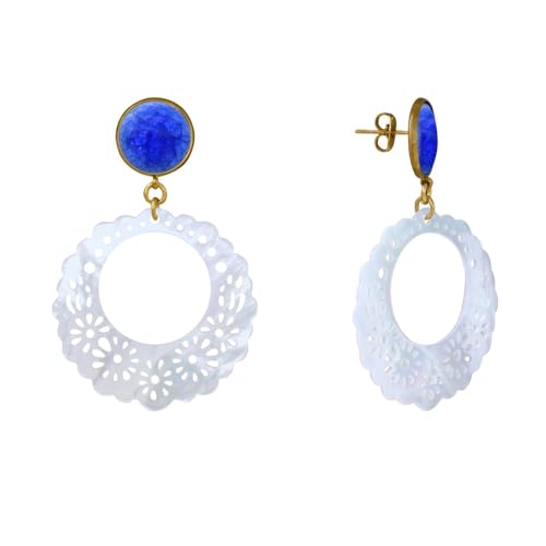 LES POULETTES BIJOUX - Goldmetall Nagel Ohrringe Runder Rissiger und Gezackten Durchbrochenen Perlmuttscheibe - Blau Navy von LES POULETTES BIJOUX