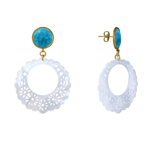 LES POULETTES BIJOUX - Goldmetall Nagel Ohrringe Runder Rissiger und Gezackten Durchbrochenen Perlmuttscheibe - Turquoise von LES POULETTES BIJOUX