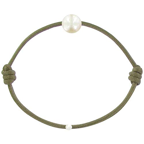 LES POULETTES BIJOUX - Kinder Armband - My First Pearl gewachste Schnur Armband - White Süßwasser Zuchtperlen 6-7 mm - Classics - Dunkelgrün von LES POULETTES BIJOUX