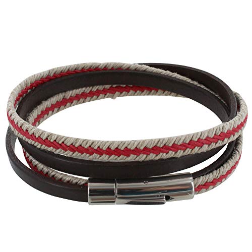 LES POULETTES BIJOUX - Mann Armband Doppel Wende Dunkelbraun Leder Geflecht in Flachs Rot und Beige - grobe 20 cm von LES POULETTES BIJOUX