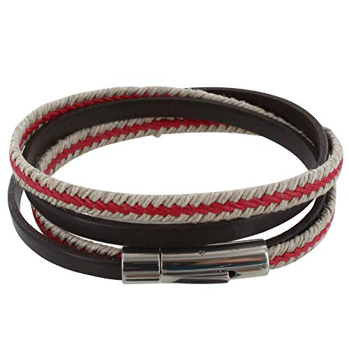 LES POULETTES BIJOUX - Mann Armband Doppel Wende Dunkelbraun Leder Geflecht in Flachs Rot und Beige - taille 20 cm von LES POULETTES BIJOUX