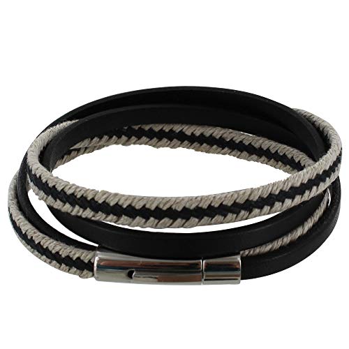 LES POULETTES BIJOUX - Mann Armband Doppel Wende Schwarz Leder Geflecht in Flachs Schwarz und Beige von LES POULETTES BIJOUX