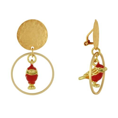 LES POULETTES BIJOUX - Mattem Messing Clip Ohrringe Gebürsteten Scheibe Ring und Farbigen Vogel - Rote von LES POULETTES BIJOUX