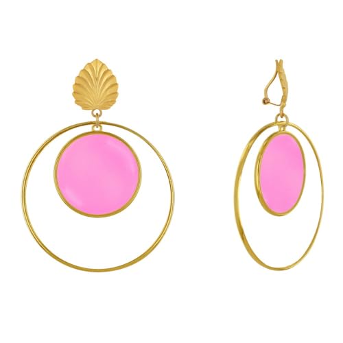 LES POULETTES BIJOUX - Mattem Messing Clips Ohrringe Blatt Kreis Durchscheinenden Farbigen und Ring - Fuchsia von LES POULETTES BIJOUX