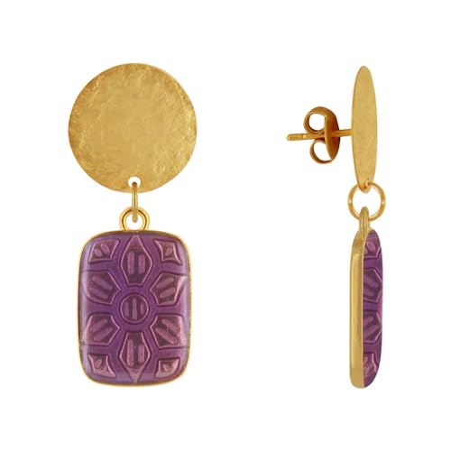 LES POULETTES BIJOUX - Mattem Messing Nagel Ohrringe Gebürsteten Scheibe und Rechteck Harz Blume - Lila von LES POULETTES BIJOUX