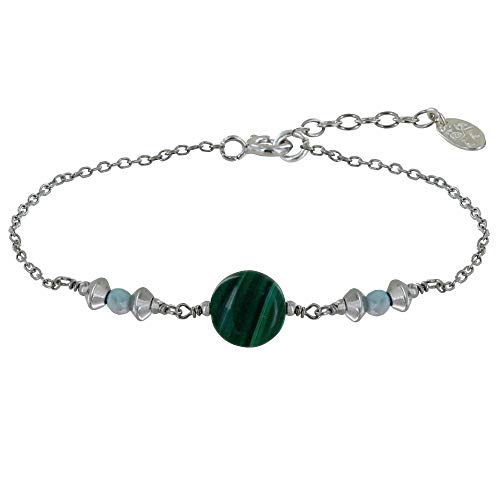 LES POULETTES BIJOUX - Rhodium 925 Silber Armband Ein Malachit Taste Zwei Larimar Facetten Perlen und 925 Silberne Perlen von LES POULETTES BIJOUX