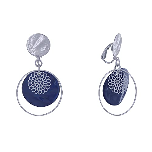 LES POULETTES BIJOUX - Silbernem Metall Klammer Ohrringe Kreis und Perlmuttpastille - Blau Navy von LES POULETTES BIJOUX