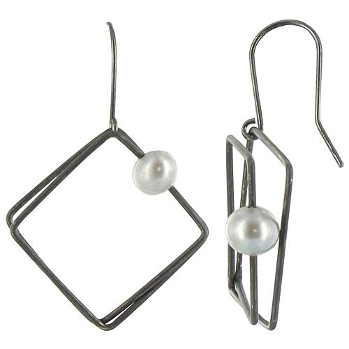 LES POULETTES BIJOUX - Sterling Silber Ohrringe Oxidiert Quadrat und Süßwasser Perle - Classics - Hellgrau von LES POULETTES BIJOUX