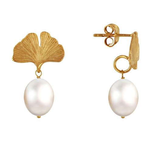 LES POULETTES BIJOUX - Vergoldete Ohrstecker mit Ginkgoblättern und Weißen Perlen von LES POULETTES BIJOUX