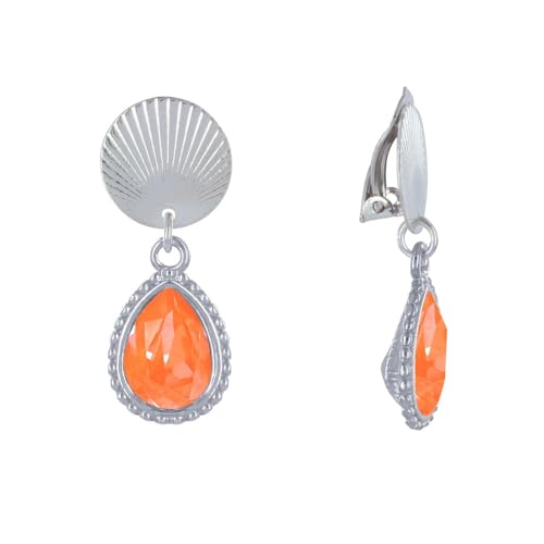 LES POULETTES BIJOUX - Versilbeter Messing Clip Ohrringe Gerippten Patch und Kristall Tropfen - Neon orange von LES POULETTES BIJOUX
