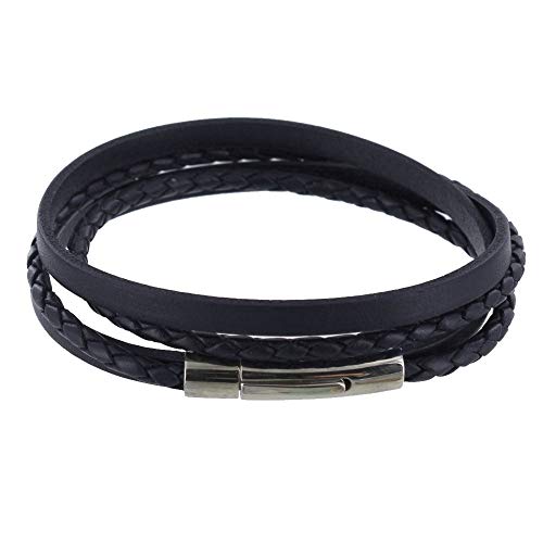 LES POULETTES BIJOUX - Herren Armband Zwei Streifen Leder Flach und Rund Geflochtene Edelstahl Schließe - Classics - Blau Navy von LES POULETTES BIJOUX