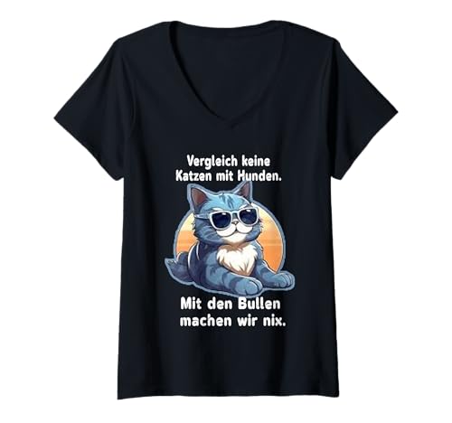 Damen Lustige Katze mit Sonnenbrille – Tierhumor Polizei-Thema T-Shirt mit V-Ausschnitt von LESEEVO Don't compare cats to dogs