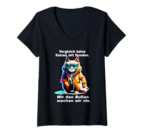 Damen Lustige Katze mit Sonnenbrille – Tierhumor Polizei-Thema T-Shirt mit V-Ausschnitt Damen Lustige Katze mit Sonnenbrille – Tierhumor Polizei-Thema T-Shirt mit V-Ausschnitt von LESEEVO Don't compare cats to dogs