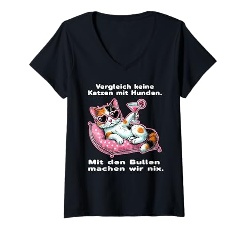 Damen Lustige Katze mit Sonnenbrille – Tierhumor Polizei-Thema T-Shirt mit V-Ausschnitt Damen Lustige Katze mit Sonnenbrille – Tierhumor Polizei-Thema T-Shirt mit V-Ausschnitt von LESEEVO Don't compare cats to dogs