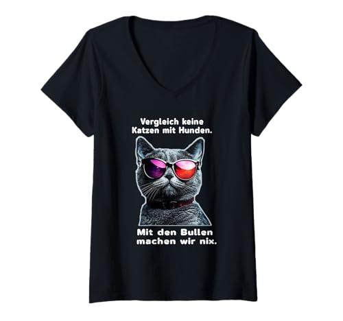 Damen Lustige Katze mit Sonnenbrille – Tierhumor Polizei-Thema T-Shirt mit V-Ausschnitt Damen Lustige Katze mit Sonnenbrille – Tierhumor Polizei-Thema T-Shirt mit V-Ausschnitt von LESEEVO Don't compare cats to dogs