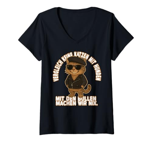 Damen Lustige Katze mit Sonnenbrille – Tierhumor Polizei-Thema T-Shirt mit V-Ausschnitt Damen Lustige Katze mit Sonnenbrille – Tierhumor Polizei-Thema T-Shirt mit V-Ausschnitt von LESEEVO Don't compare cats to dogs