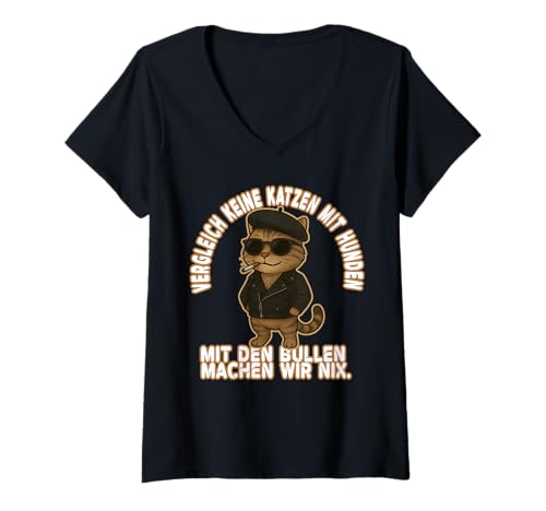 Damen Lustige Katze mit Sonnenbrille – Tierhumor Polizei-Thema T-Shirt mit V-Ausschnitt von LESEEVO Don't compare cats to dogs