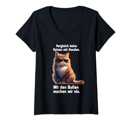 Damen Lustige Katze mit Sonnenbrille – Tierhumor Polizei-Thema T-Shirt mit V-Ausschnitt Damen Lustige Katze mit Sonnenbrille – Tierhumor Polizei-Thema T-Shirt mit V-Ausschnitt von LESEEVO Don't compare cats to dogs