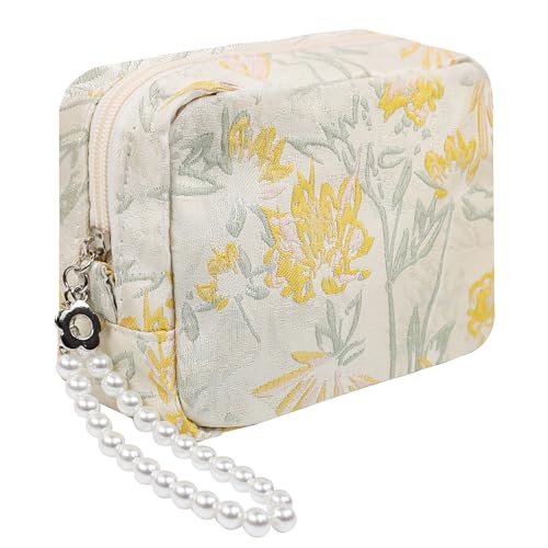 LESFEY Kosmetiktasche mit geprägtem Blumendruck, Make-up-Tasche, Make-up-Tasche, Reißverschluss, mit Perlenanhängern für Frauen und Mädchen, Pastoral Yellow von LESFEY