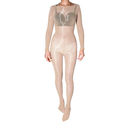 LESOYA Damen-Bodystocking in Übergröße, glänzend, Nylon, durchsichtig, hochelastisch, langärmelig, Bodysuit, Catsuit aus Nylon, Beige (geschlossener Schritt), Einheitsgröße von LESOYA