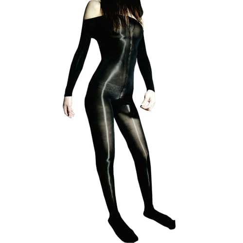 LESOYA Damen-Bodystocking in Übergröße, glänzend, Nylon, durchsichtig, hochelastisch, langärmelig, Bodysuit, Catsuit aus Nylon, Schwarz (offener Schritt), Einheitsgröße von LESOYA