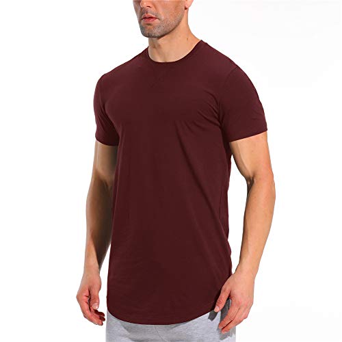 LETAOTAO Hipster-T-Shirt für Herren, langärmlig, tiefer Schnitt, Jakobsmuschel mit langem Schwanz, schmale Passform, Bodybuilding, Fitnessstudio, Muskeltraining, Weinrot 970, XX-Large von LETAOTAO