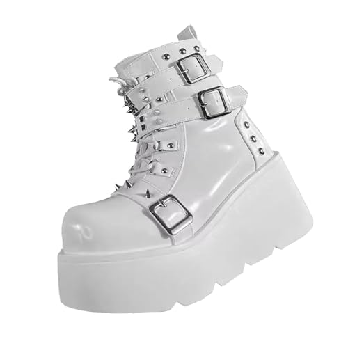 LETCLOCOM Damen Plateau Gothic Stiefeletten mit verstellbarer Nieten-Metallschnalle Mode Y2k Reißverschluss Schnürkeil Dicke Sohle Punk Motorrad Kampf Kurze Stiefel, Weiss/opulenter Garten, 39.5 EU von LETCLOCOM