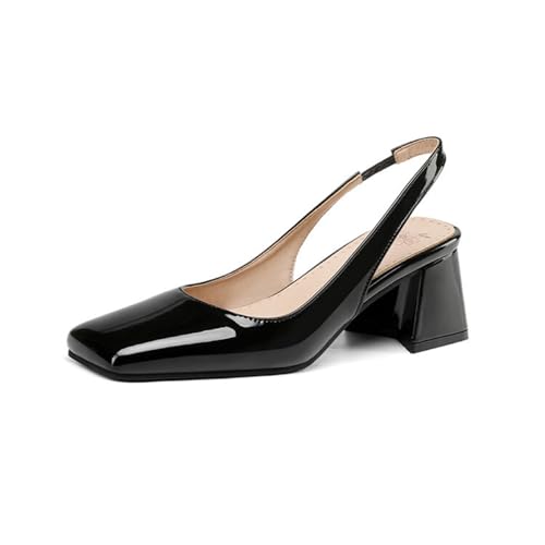 LETCLOCOM Damen-Pumps aus Lackleder, klobige Absätze, Slingback, modisch, geschlossen, quadratischer Zehenbereich, elastische Schnalle, Blockabsatz, Sandalen, Slipper, Partykleid, Arbeitsschuhe von LETCLOCOM