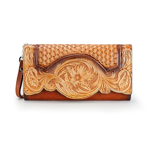 LETEULO Geldbörse Damen Leder Gross Geldbeutel Jahrgang Groß Lang Portemonnaie Frauen Portmonee Dreidimensionales Muster Clutch Leder mit Reißverschluss Braun von LETEULO