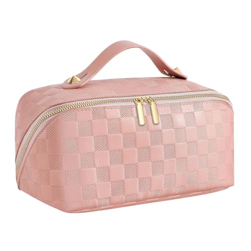 Make-up-Tasche, große Kapazität, Reise-Kosmetiktasche, tragbar, PU-Leder, wasserdicht, Make-up-Organizer-Taschen für Frauen, mit Griff, flach offen für einfachen Zugriff, 1-pink von LETGO