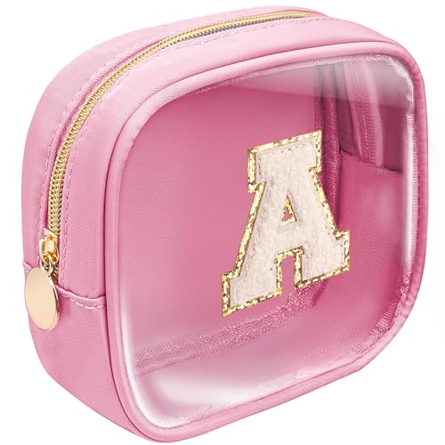 Make-up-Tasche, klein, personalisierbar, mit Initialenbuchstabe, transparent, Nylon, adretter Aufnäher, Make-up-Tasche, Chenille-Buchstabe A-Z, TSA-genehmigt, Reise-Kulturbeutel, niedlicher von LETGO