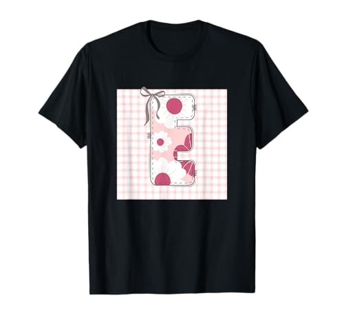 Anfangsbuchstabe "E" für Damen, Patchwork, rosa Blumennähte T-Shirt von LETTER FLOWER PATCH PATCHWORK GRAPHIC DESIGNS