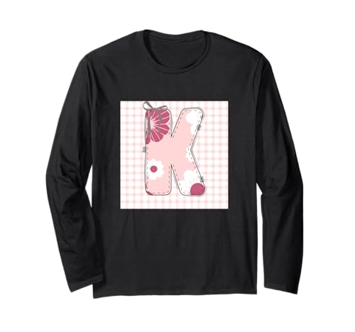 Anfangsbuchstabe K für Damen, Patchwork, rosa Blumennähte Langarmshirt von LETTER FLOWER PATCH PATCHWORK GRAPHIC DESIGNS