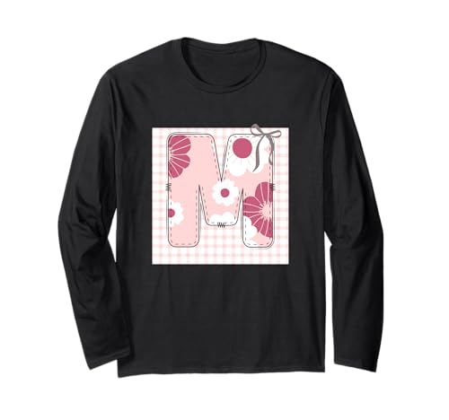 Anfangsbuchstabe M für Damen, Patchwork, rosa Blumennähte Langarmshirt von LETTER FLOWER PATCH PATCHWORK GRAPHIC DESIGNS