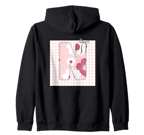 Anfangsbuchstabe 'n' Patchwork, für Damen, rosa Blumennähte Kapuzenjacke von LETTER FLOWER PATCH PATCHWORK GRAPHIC DESIGNS