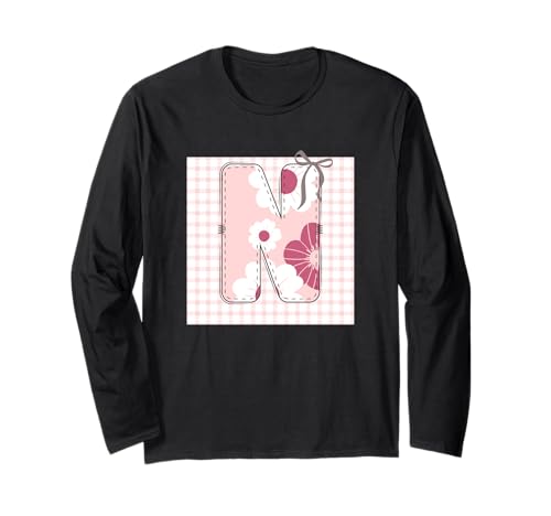 Anfangsbuchstabe 'n' Patchwork, für Damen, rosa Blumennähte Langarmshirt von LETTER FLOWER PATCH PATCHWORK GRAPHIC DESIGNS