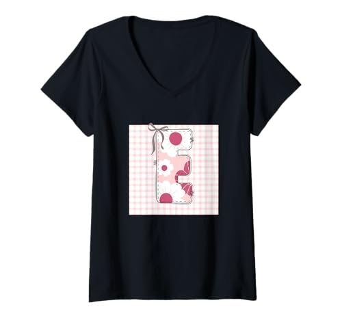 Damen Anfangsbuchstabe "E" für Damen, Patchwork, rosa Blumennähte T-Shirt mit V-Ausschnitt von LETTER FLOWER PATCH PATCHWORK GRAPHIC DESIGNS