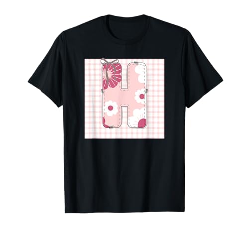 Damen-Anfangsbuchstabe "H", Patchwork, rosa Blumennähte T-Shirt Damen-Anfangsbuchstabe "H", Patchwork, rosa Blumennähte T-Shirt von LETTER FLOWER PATCH PATCHWORK GRAPHIC DESIGNS